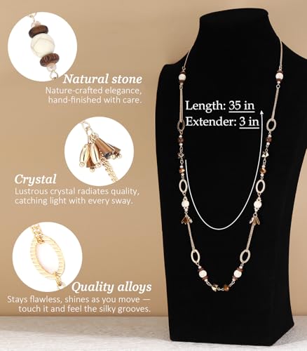 Long Gold Boho Necklaces for Women Beaded Statement Chain Long Necklace Gold Costume Jewelry Birthday Gifts for Her - color: Light Brown