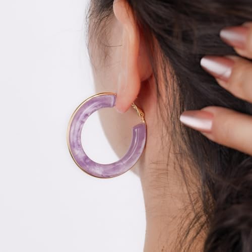 Chunky Gold Resin Hoop Earrings Leverback Statement Huggie Hoops Dangle Drop Dressy Earring Prom Festival Vacation Jewelry for Women - color: Purple, size: Hoop