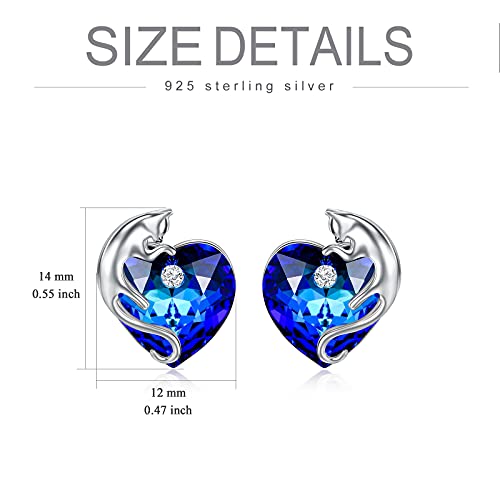 AOBOCO 925 Sterling Silver Cute Cat Studs Earrings for Women | Heart Crystals from Austira Cats Jewelry Gifts for Cat Lovers - color: Sapphire Blue
