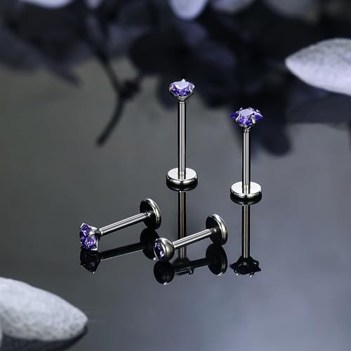 Titanium Flat Back Lip Rings Internally Threaded Earrings Studs Nose Rings 20G 18G 16G Round Heart Square CZ Tragus Cartilage Lobe Rook Helix Conch Labret Medusa Piercing Jewelry for Women Men - color: Purple CZ, size: 20G-6/8/10mm