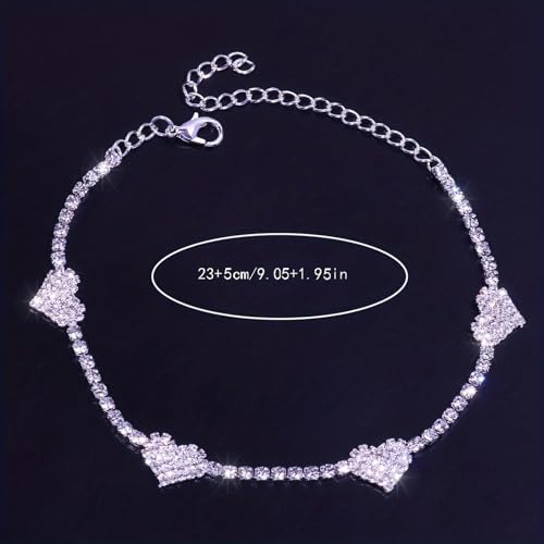 Fesciory Silver Ankle Bracelets for Women, Adjustable Rhinestone Pendant Tennis Anklet, Butterfly Heart Infinite Diamond Summer Beach Foot Chain Jewelry Gifts - style: Solid Heart3