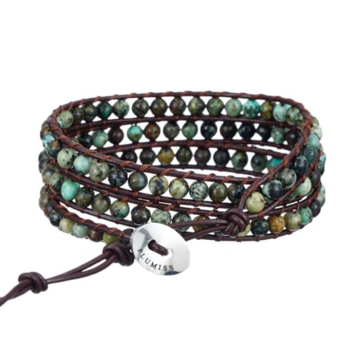 Plumiss Women Boho Handmade Natural Stone Crystal Leather Bead Wrap Bracelets Collection - style: 4mm African Turquoise 3W