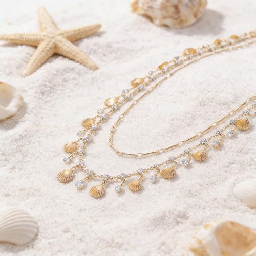 Layered Shell Necklace for Women Gold Seashell Charm Necklace with Crystal Style Drops Tropical Beach Vacation Jewelry Summer Outfit Accessories for Dresses Swimsuits Cruises and Gifts - color: A2:shell necklace