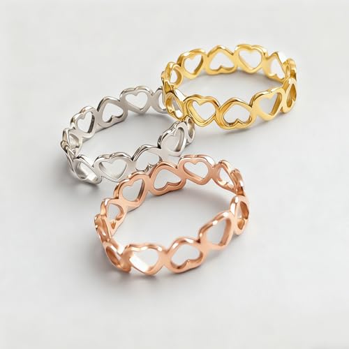 Love Plain Stacking Band Statement Wedding Promise Ring For Women | Stainless Steel, Cute Hollow Heart Design,Waterproof,Tarnish Resistant,Gift For Mother’s Day, Valentine’s Day, Christmas - color: Silver Link Hearts