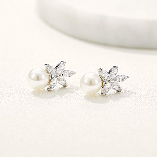 SWEETV Cubic Zirconia Pearl Drop Wedding Earrings for Brides, Ivory Bridal Pearl Earrings for Bridesmaid Jewelry Gift - color: 04.Style 4