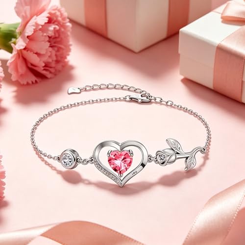 1CT Rose Heart Birthstone Bracelet for Women Love Gift - style: 10-Oct Pink Silver
