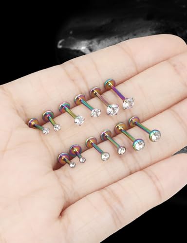 16G Internal Thread Flat Back Earrings Nose Studs 316L Surgical Steel Medusa Labret Monroe Lip Ring Tragus Forward Helix Conch Cartilage Lobe Earrings Stud Piercing Jewelry For Women Men - color: Rainbow-Clear CZ