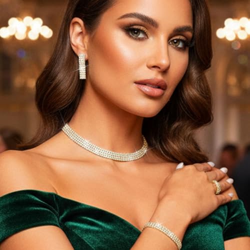 Aukmla Rhinestones Bridal Wedding Jewelry Set Silver Choker Necklaces Earrings Bracelet Ring Sets Prom Jewelry for Women - color: Gold