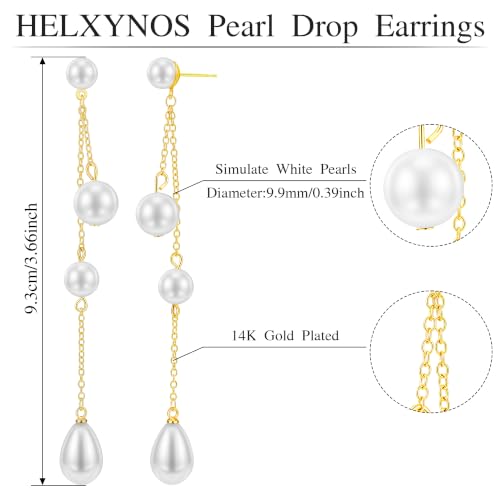 Long Chain Pearl Dangle Earrings for Women | 4Pcs Pearls, 14K Gold Plated, Dainty Tassel Drop, Lightweight Pearl Dangly Earring, Wedding Jewelry Gifts - color: Gold-Teardrop