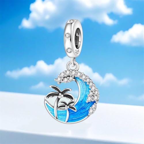925 Sterling Silver Charms Bead for Bracelets Necklaces, Star Moon Crescent Sun Solar Pendent, Blue Ocean Starfish Shells Turtle Crab Starry Sea Cute Jewelry Birthday Gifts for Women Men - style: Sea waves charms