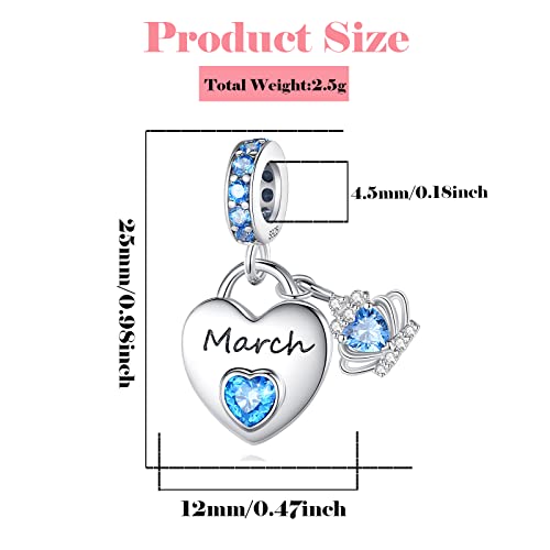 Birthstone Charms for Charms Bracelet: 925 Sterling Silver Heart Dangle Charms for Bracelets and Necklaces, Birthday Mother's Day Christmas Gifts For Women. - color: March