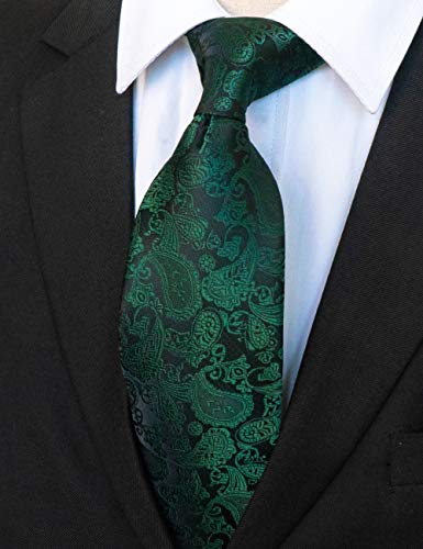 JEMYGINS Mens Solid Color Paisley Necktie and Pocket Square with Tie Clip Sets - color: Dark Green