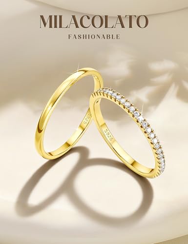 MILACOLATO 2Pcs Solid 925 Sterling Silver Rings for Women 1.3mm Thin Non Tarnish White Gold Plated Plain Thumb Stackable Rings Half Cubic Zirconia Wedding Eternity Band Rings Size 5-10 - color: 14K Gold Plated