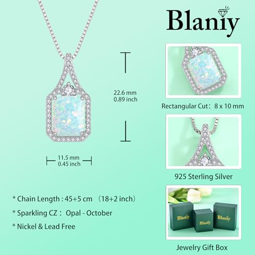 Created Gemstone Necklace 925 Sterling Silver Halo Rectangular Pendant Birthstone Necklaces Jewelry Gifts for Women - color: 10 October - White Opal