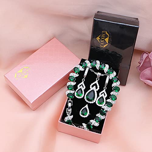LMXXVJ Women Jewelry Set Platinum Plated Necklace Open Ring Earrings Bracelet Set,Birthday/Anniversary Mother’s Day Jewelry Gifts for Mom/Wife/Sister/Best Friend - color: Green