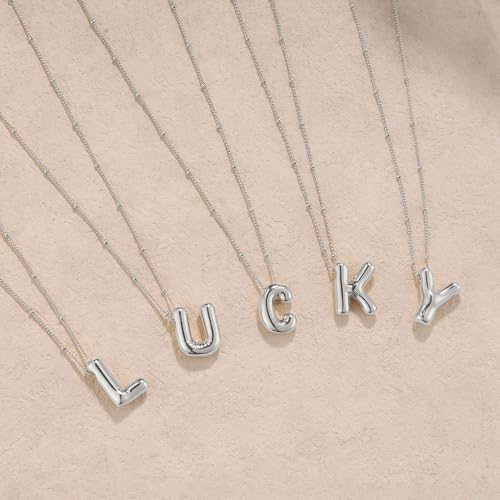 Ewrkbrㅤ Initial Necklaces for Women, 14k Gold Plated Bubble Letter Necklace Chunky Gold Necklace Dainty Charm Initial Necklaces for Women Trendy Custom Preppy Stocking Stuff Necklace Christmas Gifts - color: Silver, style: M