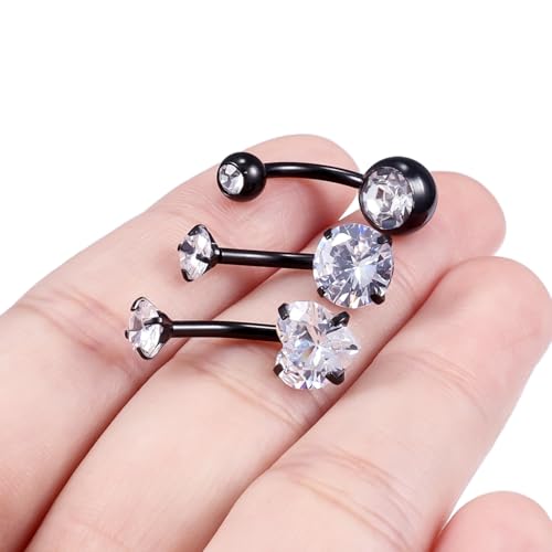 Belly Button Rings Surgical Steel Internally Threaded Belly Button Ring 10MM/12MM/14MM/16MM Navel Rings for Women Clear CZ 14G Long Bar Navel Piercing Jewelry - color: black, size: 10mm bar length