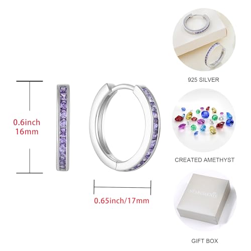 Starchenie Huggie Hoop Earrings for Women 925 Sterling Silver Princess Cut Birthstones Jewelry Gift - color: 02-Amethyst-Feb