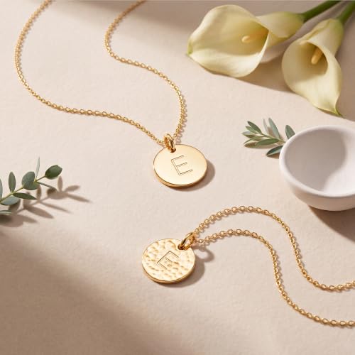 Bemoly Initial Necklace for Women Round 11MM Coin Disc Double Side Engraved Letter A-Z Hammered Pendant 14K Gold Plated Personalized Alphabet Birthday Jewelry 17.5" - style: E
