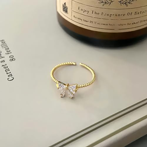 Mettclasi Women's 14K Gold Plated Stackable Ring Crystal Inlaid Dainty Trendy Cute Adjustable Open Twist Rings Jewelry Gifts - style: Bow Tie