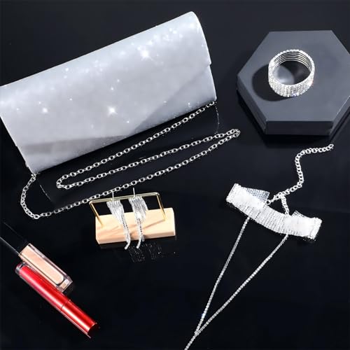 4 Pcs Silver Clutch Purse Jewelry Set for Women Rave Accessories Evening Rhinestone Purse Silver for Bride Wedding - style: Glitter Style