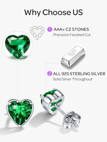 ChicSilver 925 Sterling Silver Earrings Sparkling Heart/Round/Princess Cut Birthstone Earrings for Women Birthday Jewelry with Gift Box - style: B.May(Emerald)-Heart Cut