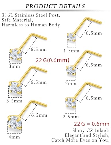 18G 20G 22G 24G Nose Rings Studs 316L Surgical Steel L Shaped Nose Nostril Studs Piercing Jewelry for Women Men Silver Gold Black CZ 1.5mm 2mm 2.5mm 3mm 3.5mm 4mm - style: Gold-22G(0.6mm)-7mm Bars-1.5mm 2mm 2.5mm 3mm 3.5mm 4mm CZ