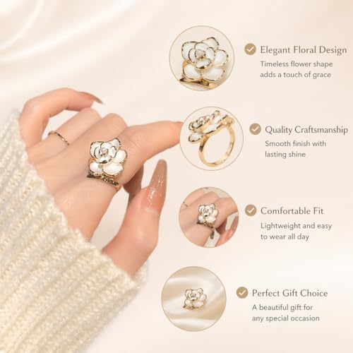 Flower Open Statement Rings for Women, Exquisite Cubic Zirconia Sterling Silver Stacking Ring Adjustable Open Ring,Fashion Jewelry Gifts,Suitable For Women Daily and Wedding Wear, Gifts For Your Wife - color: White