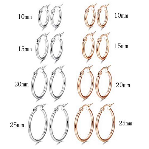4 Pairs Stainless Steel Round Hoop Cute Huggie Earrings For Women Small Hoop Earring Set(10mm,15mm,20mm,25mm) - color: Rose Gold Tone-4Pairs,Silver Tone-4Pairs