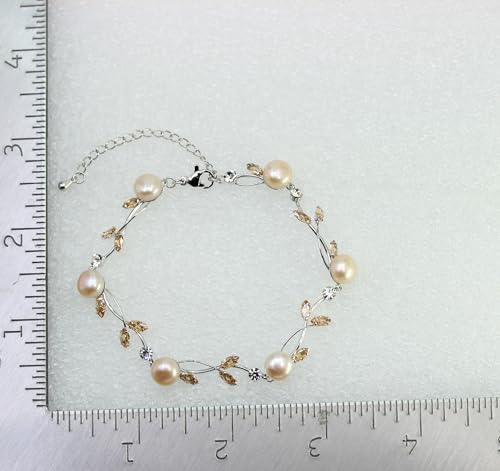 Faship Genuine Freshwater Pearls Floral Necklace Earrings Set | Premium CZ Crystal, Gorgeous, Sparkling - color: Brown / Silver-tone / Matching Bracelet