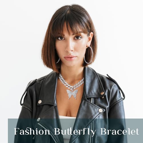 3 Pcs Butterfly Cuban Jewelry Set Cuban Link Chain Necklace for Women Rhinestone Pendant Necklace Bracelet Large Hoop - color: Silver, style: Classic