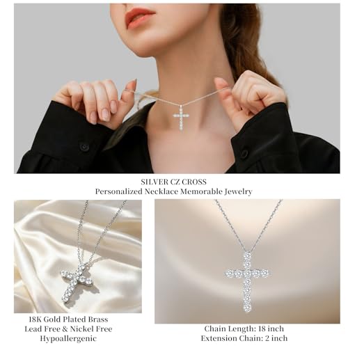 Women's Cross Pendant Necklace, 925 Sterling Silver Gold Plated with 5A Cubic Zirconia, 18"+2" Adjustable Chain, Christian Religious Jewelry Gift for Wife Daughter Mom,Birthday Gift