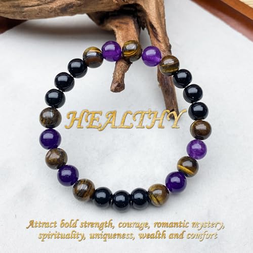 Natural Stone Beaded Bracelet for Men Women, Malachite Tiger Eye Obsidian Elastic Stretch Bracelet for Wealth & Energy - color: Black purple 1
