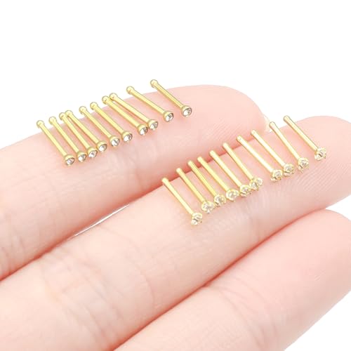 20Pcs Nose Rings Studs Surgical Steel L-Shape Nose Rings for Women 1.5mm 2mm Cubic Zirconia Nose Screw Studs Hypoallergenic Nose Piercings Jewelry 24g 22g 20g 18g - color: straight,goldtone, size: 20g,1.5mm CZ