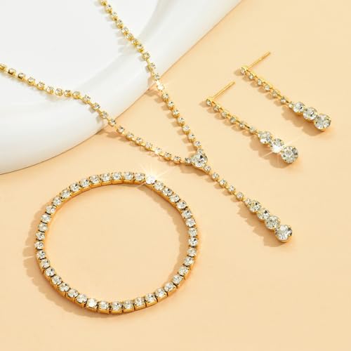 MIFYNN Rhinestone Wedding Set for Women Sparkle Crystal Earrings Necklace Bracelet Jewelry Set Wedding Party Prom Jewelry Set for Brides Bridesmaid - color: Gold