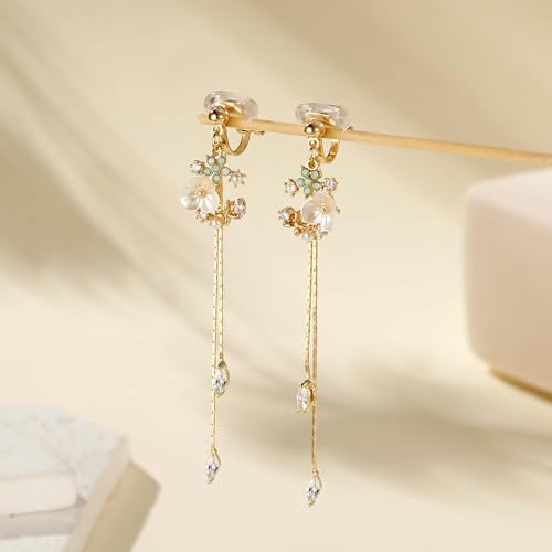 Awinesn Clip on Earrings Dangle Pearl Drop Clip Earrings for Women Trendy Dangle Chain Dainty Flower Wedding Earrings for Brides 14K Gold Plated Statement Non Pierced Earrings for Women Sparkly Jewelry - style: fugu-lanflower-g