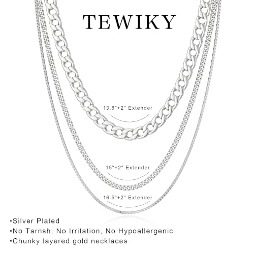 Tewiky Layered Necklaces for Women 14k Gold Plated Chain Necklace Set | Chunky Herringbone/Snake/Rope/Box/Cuban Link Chain for Women, Layering Stack Choker Necklace, Dainty Jewelry Set Non Tarnish - color: Silver--style I