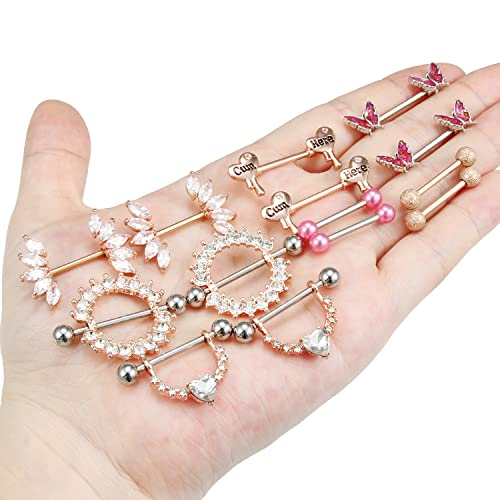 Cisyozi Butterfly Nipple Rings 14G Nipple Piercing Jewelry Stainless Steel Nipple Tongue Ring Barbell Piercing Jewelry for Women 14mm Silver Black Purple Rose Gold 7Pairs - color: 14G(1.6mm) Rose Gold Set