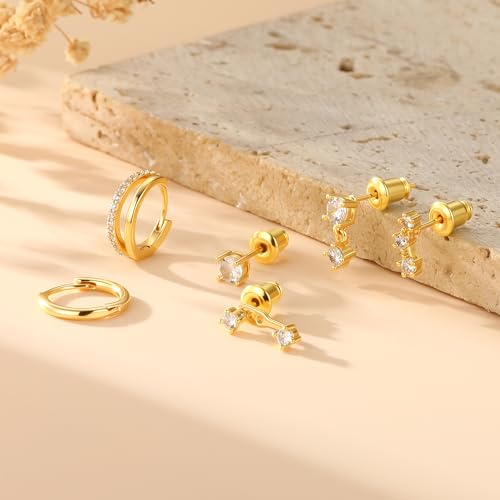 Small Earrings Stack for Women, 3 Pairs Gold Plated Hypoallergenic Dainty Cute Stud Huggie Jacket Set, Fashion Accessories Holiday Birthstone Western Jewelry Gifts - color: 02