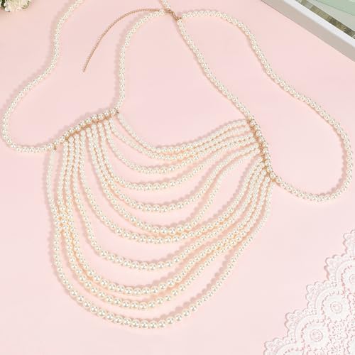White Pearl Shoulder Chain Sexy Layered Necklace Imitation Pearls Round Beaded Boho Top Body Chains Multilayered Jewelry for Women Summer Beaches Party Decoration Wedding Accessories Gifts