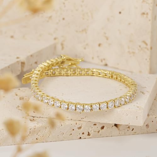 Gem's Beauty 925 Sterling Silver Tennis Bracelet Cubic Zirconia Silver Bracelets For Women 14k Gold Plated 6.5 inches-9 inches - color: Gold 4MM, size: 7.5 inches