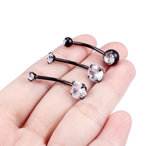 Belly Button Rings Surgical Steel Internally Threaded Belly Button Ring 10MM/12MM/14MM/16MM Navel Rings for Women Clear CZ 14G Long Bar Navel Piercing Jewelry - color: black, size: 16mm bar length