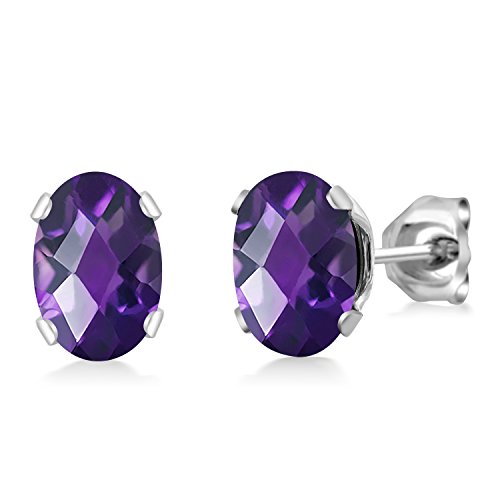 Gem Stone King Oval Gemstone Birthstone Stud Earrings for Women Men | Oval Cut 7X5MM | Fine Jewelry Gifts for Mom Dad Wife Him Her - style: Amethyst-Checkerboard, February