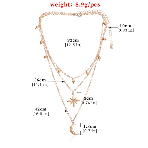 Layered Moon Star Crystal Necklace Gold Silver Plated Boho Charm Crescent Lucky Stars Small Bell Tassel Sparkly Rhinestone Cubic Zirconia Chain Necklace for Women Christmas Birthday Trendy Jewelry Gifts - color: Gold necklace