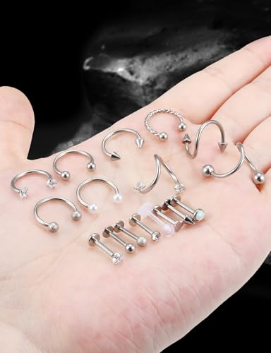 16G Horseshoe Lip Rings 316L Surgical Steel Medusa Labret Snake Bite Monroe Lip Ring 16 Gauge Tragus Forward Helix Conch Cartilage Lobe Earrings Stud Piercing Jewelry For Women Men - color: Silver