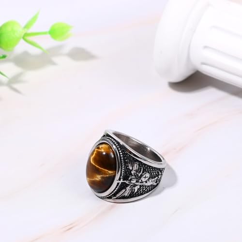OIDEA Signet Rings for Men: St Michael The Great Protector Archangel Defeating Satan Figurine Amulet Ring Biker Rings - color: Tiger Eye