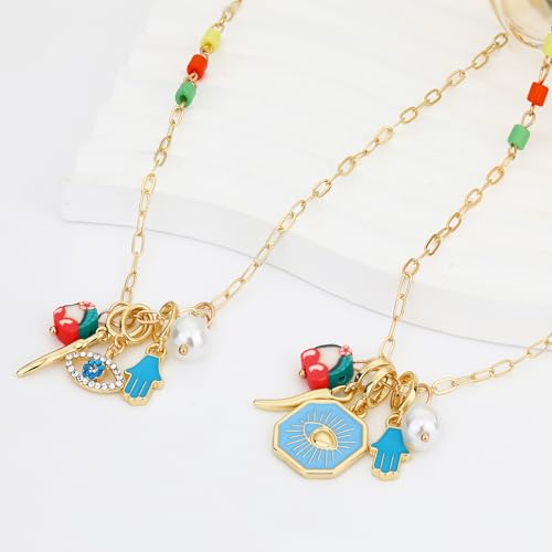 Charm Necklace for Women Gold Evil Eye Sun Moon Flower Coin Pendant Necklace Dainty Paperclip Chain Vintage Luck Amulet Choker Necklaces Celestial Jewelry Gift - style: 5 Charms-Blue Enamel