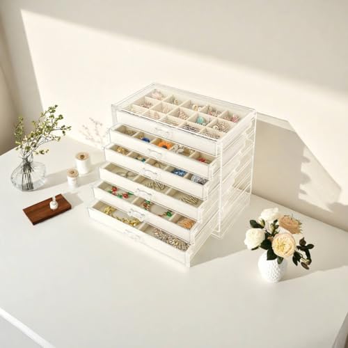 Acrylic Jewelry Box Organizer and Storage 6 Drawer for Earring Display Tray - color: Beige 6 Layers