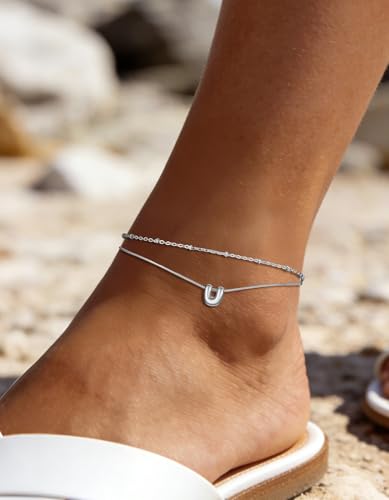 ChainsHouse Initial Ankle Bracelets for Women Waterproof, 14K Gold Plated Layered Initial Anklets Non Tarnish, Adjustable Stainless Steel Women's Ankle Summer Beach Foot Jewelry - color: Stainless Steel, size: Initial U