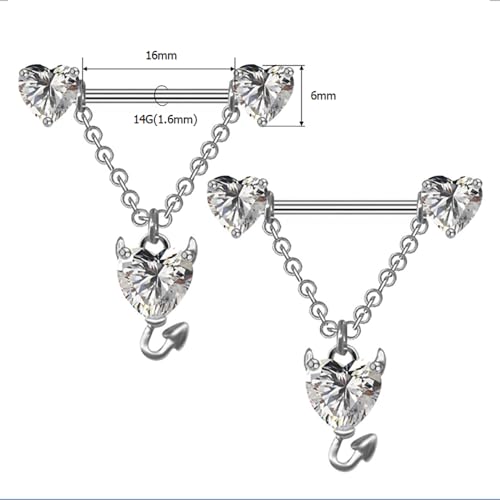 14G Devil Heart Dangle Nipple Rings for Women Girls Stainless Steel Sparkling CZ Love Heart Ball Chain Dangling Nipplerings Nipple Studs Piercing Barbell Body Jewelry - color: Silver